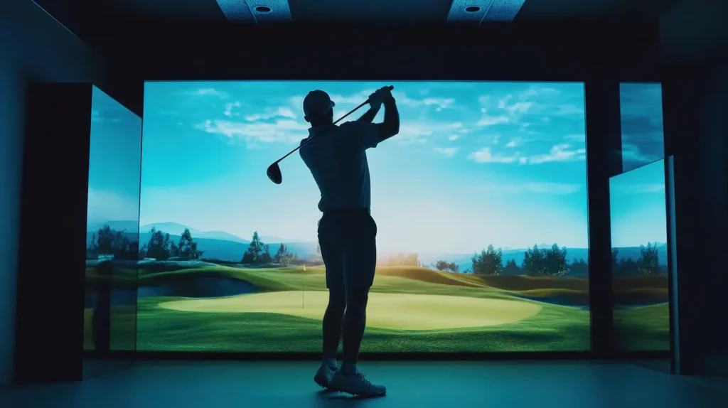 practicing at an indoor golf simulator