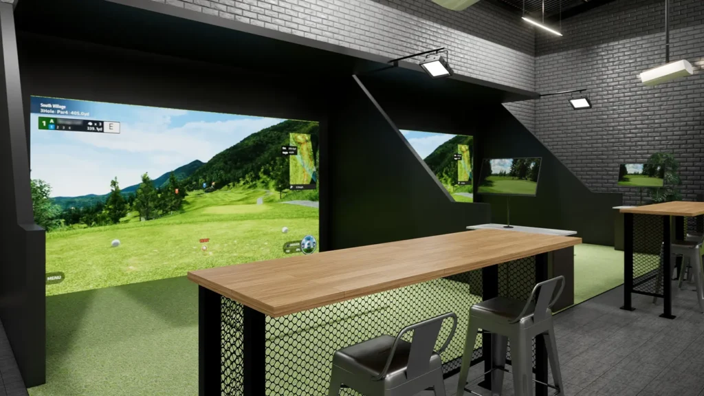 side by side practice areas in an indoor golf simulator
